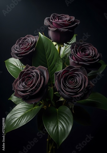 A close-up view of a dark, dramatic bouquet of deep burgundy roses, highlighted against a stark black background.