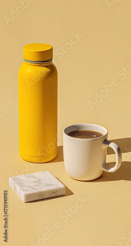 Yellow insulated bottle, white mug, marble coaster on pale yellow background