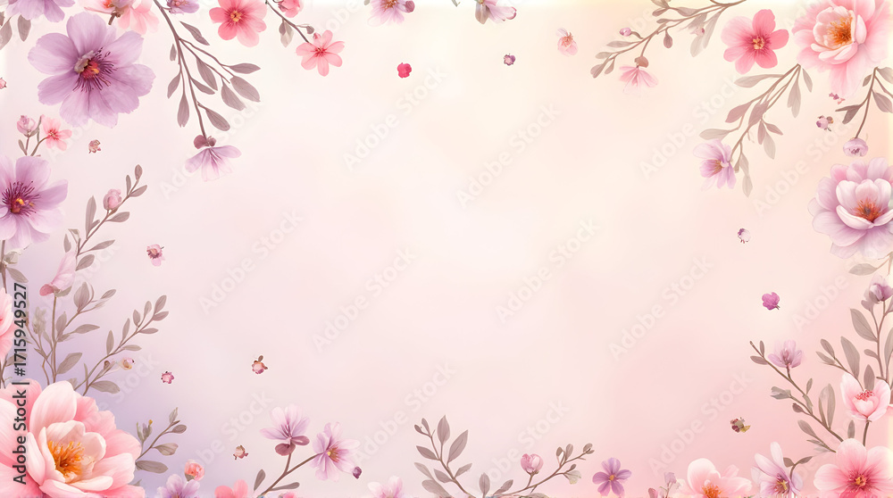 Fototapeta premium Floral Watercolor Background with Pink and Purple Flowers