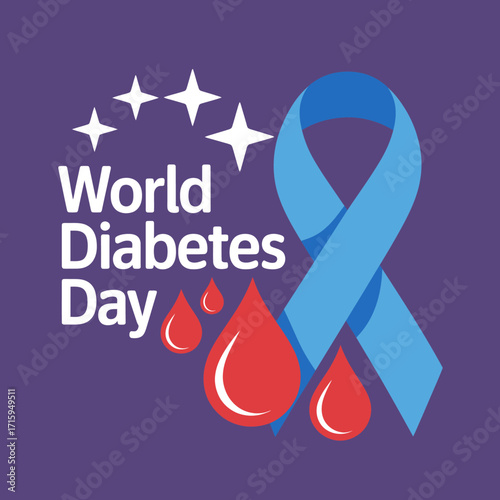 World Diabetes Day Awareness Ribbon and Blood Drops on Purple Background for Medical Campaign and Prevention of Diabetes