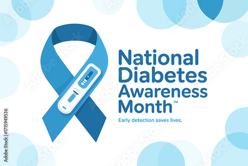 National Diabetes Awareness Month Illustration with Blue Ribbon and Blood Sugar Testing Device Graphic for Awareness and Education