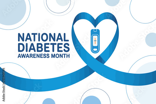 National Diabetes Awareness Month banner featuring blue ribbon heart and blood glucose meter for diabetes prevention