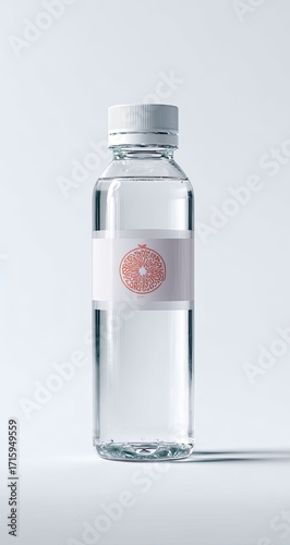 Clear plastic water bottle with a light peach-colored, circular design label