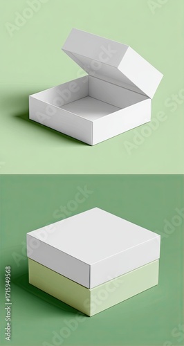 Empty white square box, open and closed, on mint green background