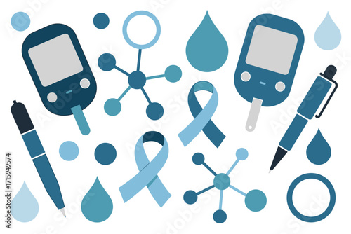 Diabetes Awareness Background with Blue Ribbons Blood Glucose Meters and Insulin Pens for World Diabetes Day Campaign