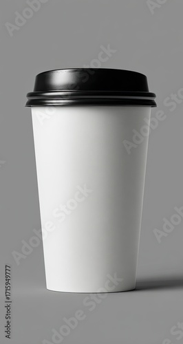 White disposable coffee cup with black lid