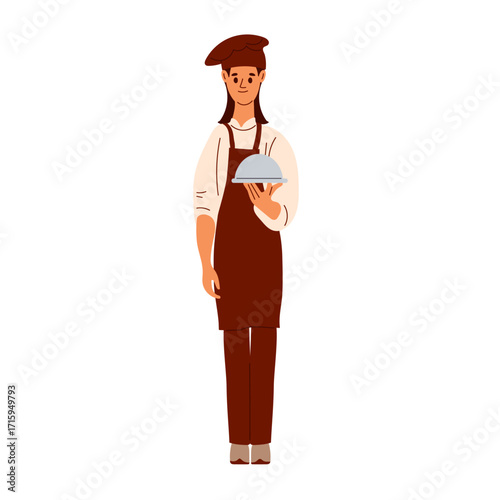 Female chef serves cooked food in covered serving dish. Woman in chef's uniform. Traditional serving of dishes. Girl holds metallic dish. Cook holds cloche in restaurant. Restaurant serving. Cooking.