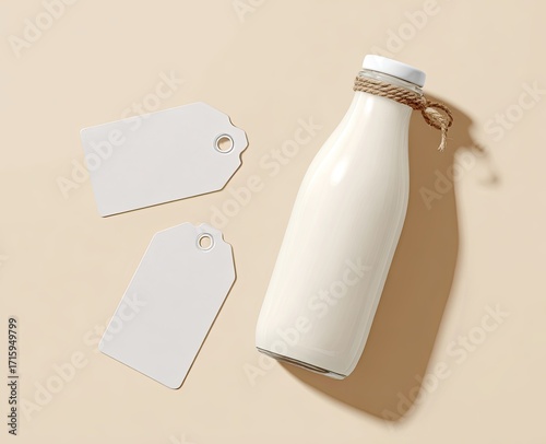 Two blank tags and a milk bottle on a beige background