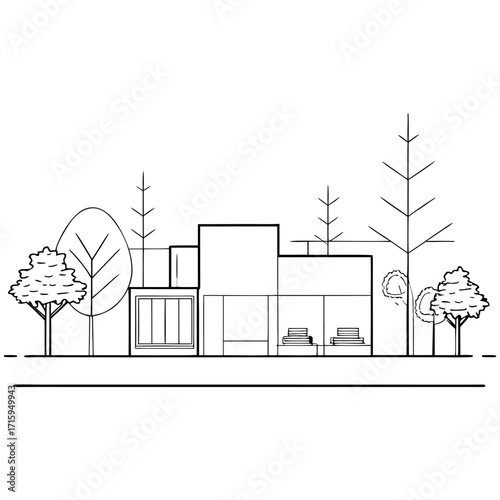 Architectural Drawings, Minimal style cad tree line drawing, Side view, set of section wetland forest outline for landscape design drawing. Vector illustration in seperate element