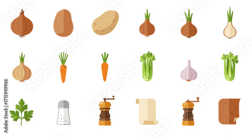 Set of flat kitchen ingredients with vegetables, spices, and herbs