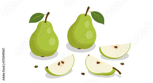 Fresh green pears and sliced pieces on white background