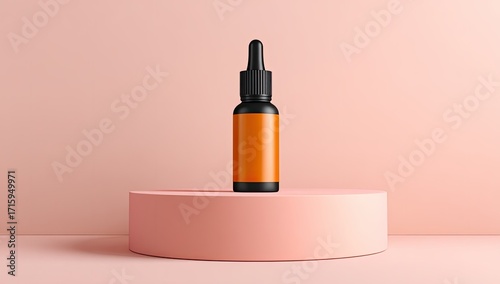 Black dropper bottle with orange label on a pink pedestal
