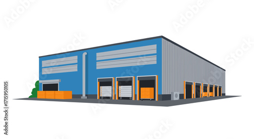 Modern warehouse building with loading docks and container storage