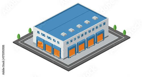 Isometric warehouse with loading docks and blue roof