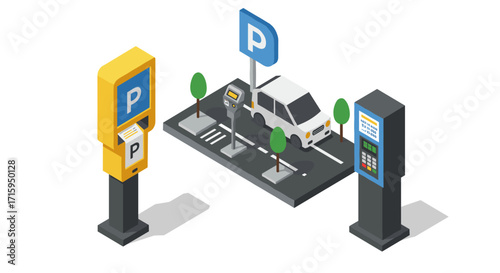 Isometric parking concept with ticket machines and parked car