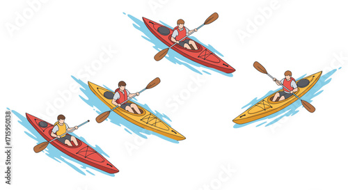 Colorful kayaks with paddlers in motion on white background