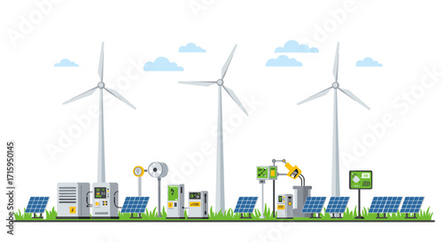 Renewable energy landscape with solar panels and wind turbines in clean energy concept