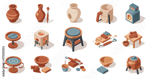 Pottery craft workshop tools and equipment set in isometric art style