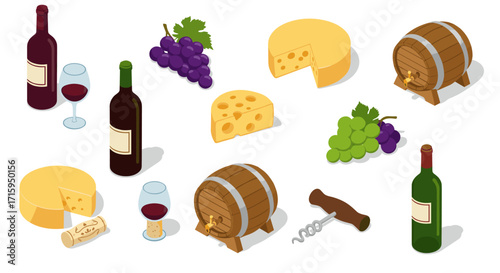 Isometric wine and cheese selection with grapes and wooden barrels