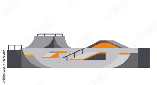 Modern skatepark design with ramps and rails in flat style
