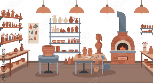 Cozy pottery studio with clay pots and kiln in a flat design