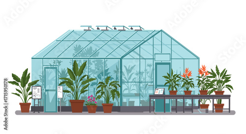 Modern greenhouse with diverse plants in potted arrangements on white background