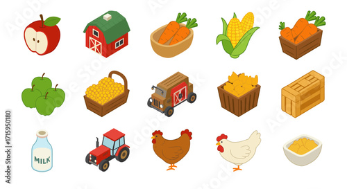 Colorful farm life icons featuring farmhouse, fresh produce, and farm animals