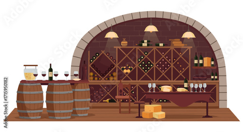 Elegant wine cellar with rustic barrels and cheese spread