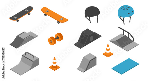 Isometric skatepark elements with skateboards, ramps, and helmets