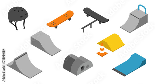 Isometric skatepark elements with skateboards and helmet