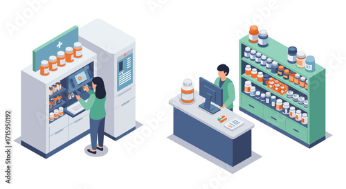 Isometric pharmacy interior with automated medicine dispensing machines and counter
