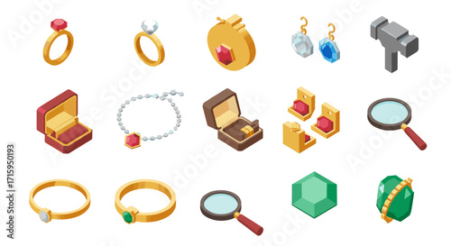 Isometric jewelry icons: rings, necklaces, earrings, gems, and tools in elegant 3d style