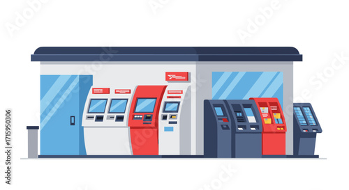 Modern banking kiosks with atms and interactive machines