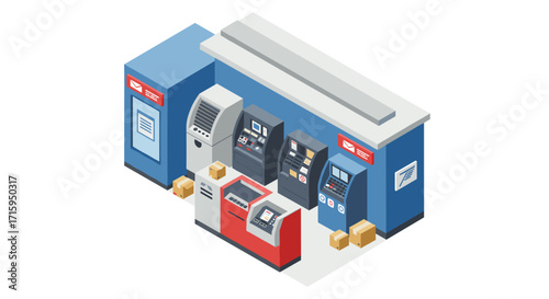 Modern post office with atms and self-service kiosk in isometric style