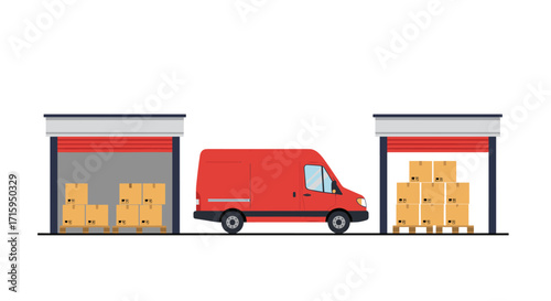 Red delivery van between warehouses with open roller shutters and cardboard boxes