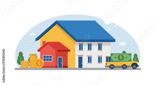 Modern real estate investment concept with money icons and house