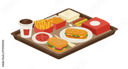 Isometric fast food tray with burgers, fries, and drinks on white background