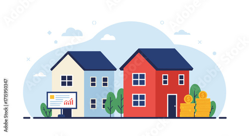 Real estate investment concept with houses, growth chart, and coins