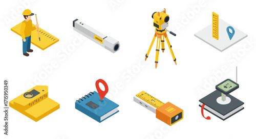 Isometric engineering tools with surveying equipment and geometric shapes
