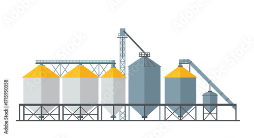 Modern flat design grain silos with conveyors and storage facility on white background