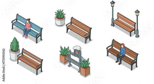 Essential urban park elements in isometric design with benches and plants