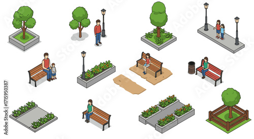 Isometric park designs with trees, benches, and people in relaxing green spaces