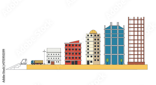 Urban development progression: building construction stages from start to finish