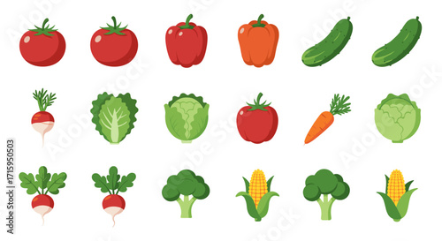 Colorful assorted vegetables in flat design style on white background