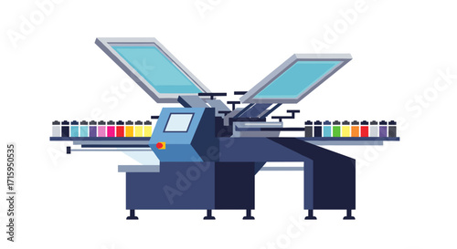Modern flat style screen printing machine with colorful ink bottles