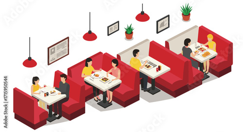 Isometric dining experience in modern restaurant booths with couples and cozy ambiance