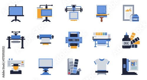 Modern printing equipment: flat design icons of printers, screens, and ink tools