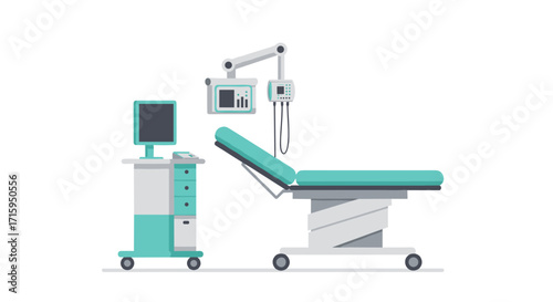 Modern medical examination room with adjustable bed and monitoring equipment