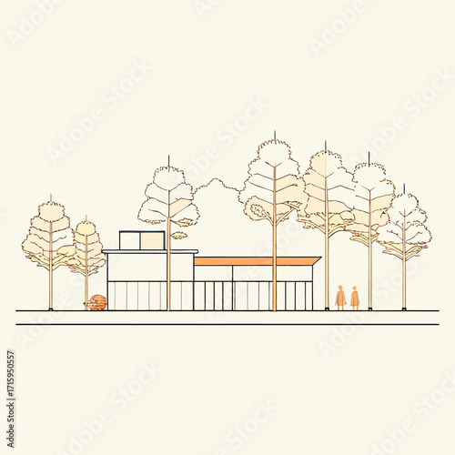 Architectural Drawings, Minimal style cad tree line drawing, Side view, set of section wetland forest outline for landscape design drawing. Vector illustration in seperate element