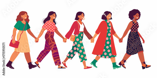Diverse group of women walking hand in hand together celebrating unity and friendship